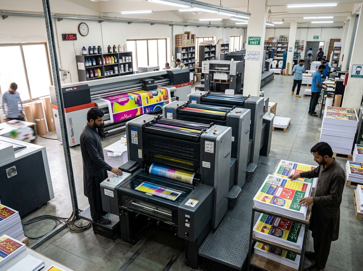 Commercial printing workshop concept showing offset and wide-format presses