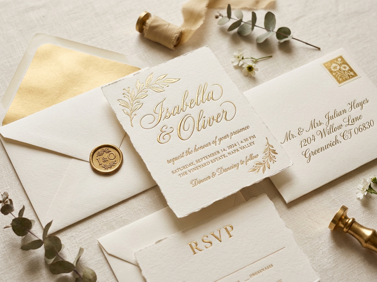 Concept photo of luxury wedding invitation cards with gold foil lettering
